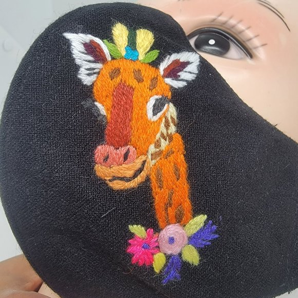 New Face cover ear loop black Mask Women's Embroidered handmade giraffe design - Picture 1 of 6